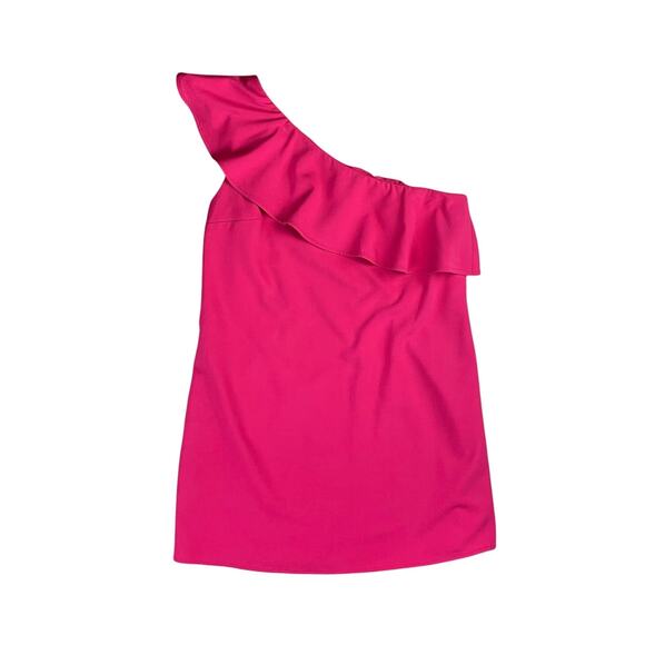 French Connection NWT Deep Hot Pink One Shoulder Ruffle Overlay Mini Dress - Picture 8 of 12